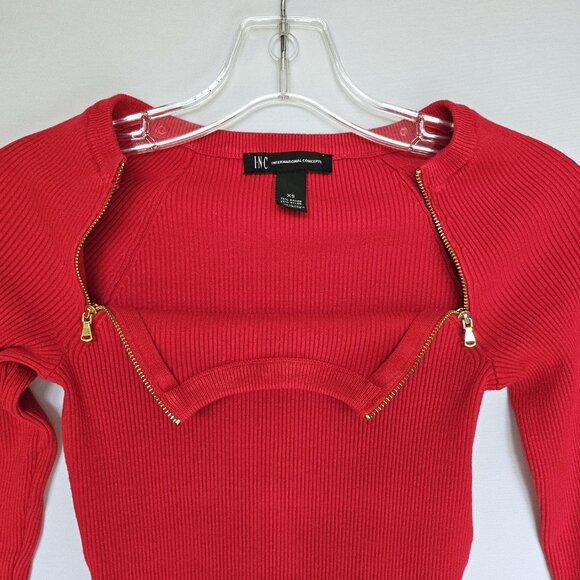 INC Red Knit Crew Neck Women's Sweater with Gold Zipper Accents, Size XS - Picture 3 of 6